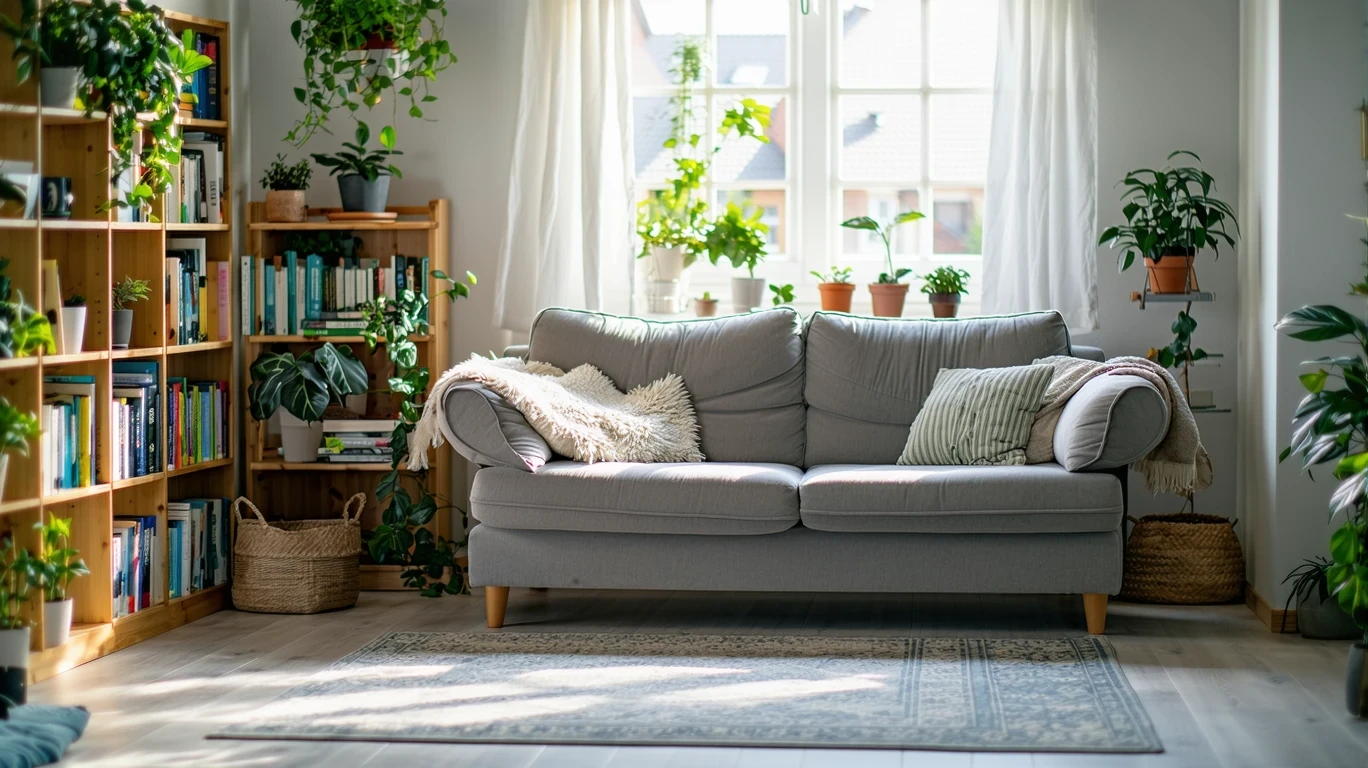 A small, sunlit living room with a couch, bookshelf, and houseplants.