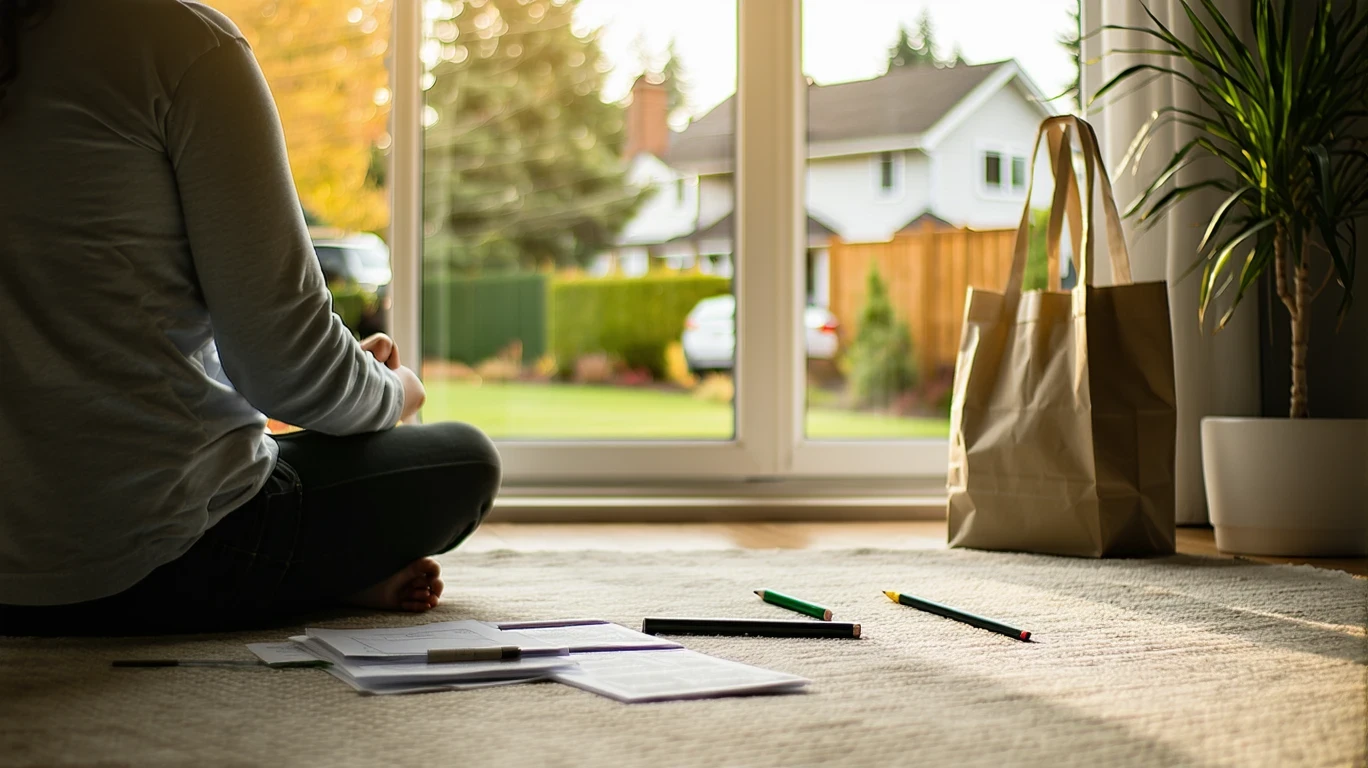 Person sitting on floor looking at receipts and budget items, in morning light.