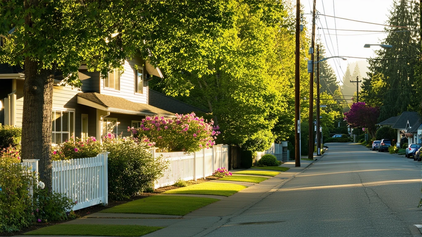 A sunny, tree-lined street in Sherwood, Oregon with well-kept homes and a white picket fence.