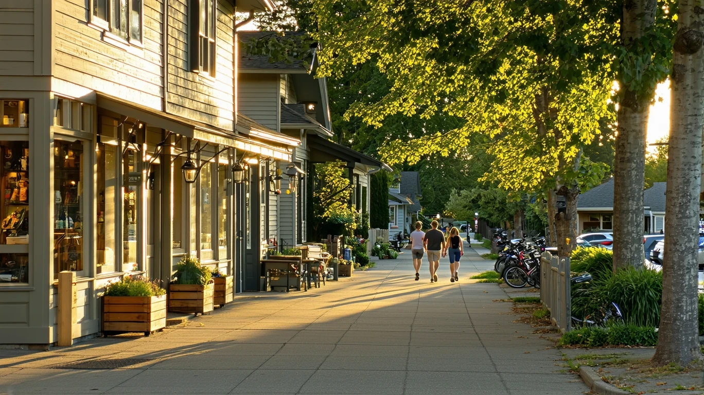 A quiet street in Sherwood, Oregon lined with small shops and neighborhood homes in the early evening light.