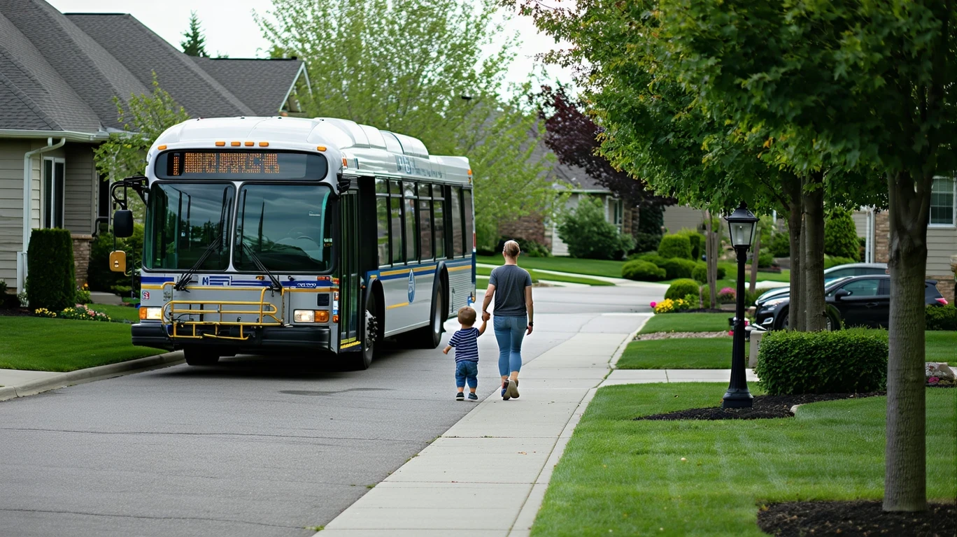 A parent and child boarding a Valley Metro bus on a cloudy day in a suburban neighborhood with houses visible in the background.