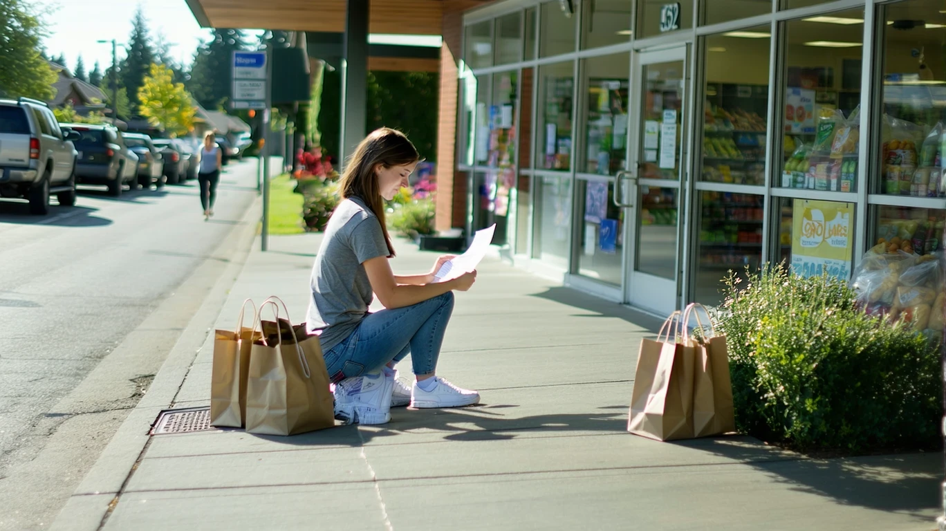 Young woman sitting on curb outside grocery store in Sherwood, Oregon, checking receipt next to reusable shopping bags.