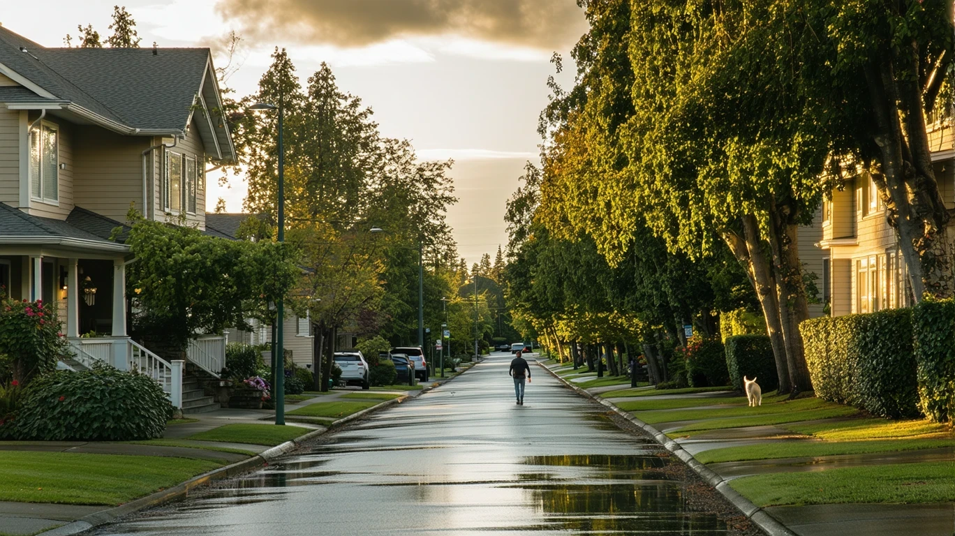 A tree-lined street in Sherwood, Oregon after a rain shower, with palm tree reflections in puddles and a person walking their dog.