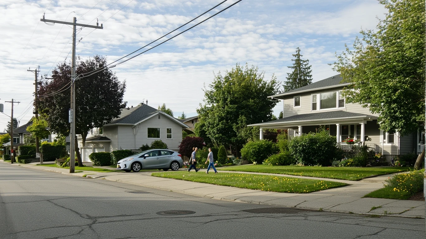 A tree-lined residential street corner in Sherwood, Oregon with two homes, an old parked car, and a pedestrian walking.