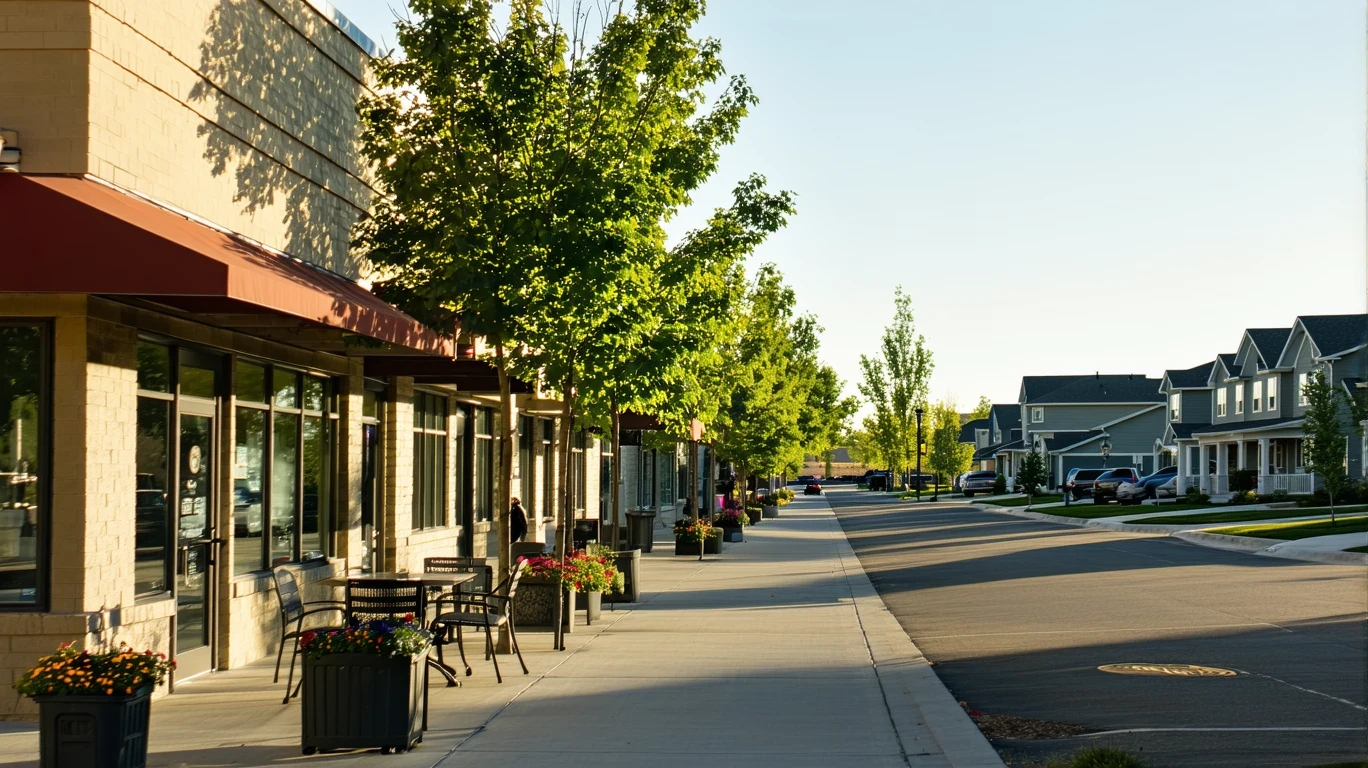 A quiet suburban street in South Jordan, Utah with small storefronts and single-family homes visible in early evening light.