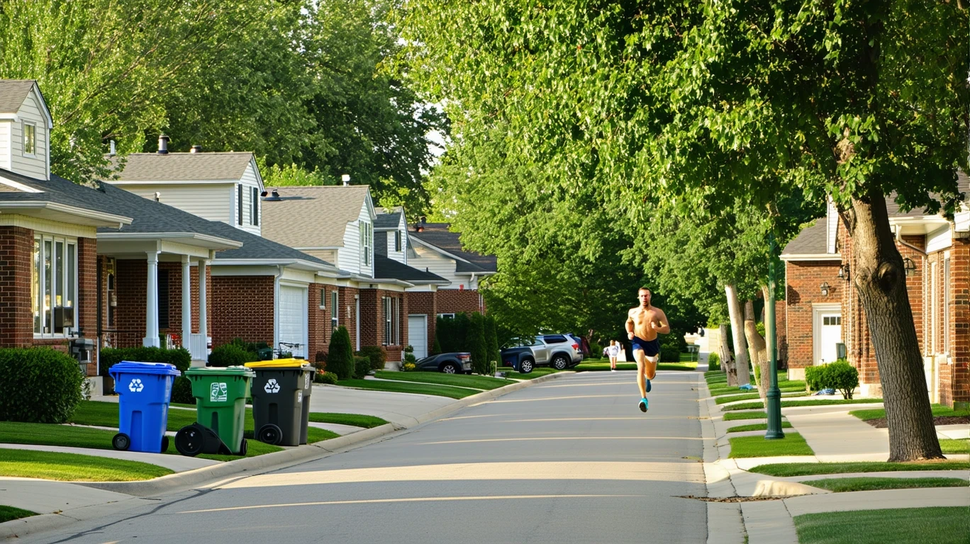 A jogger runs past red-brick homes on a tree-lined street in South Jordan, Utah.