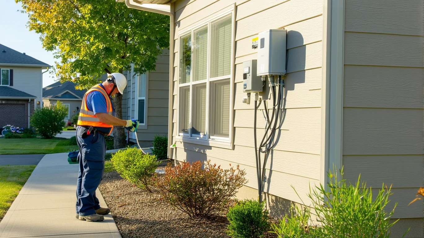 A utility worker inspects an electric meter on a suburban home on a clear day.