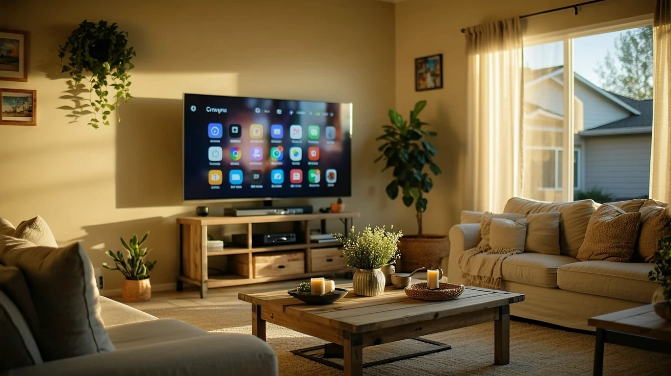 A living room with a TV showing a streaming app, illuminating the space with a soft glow.