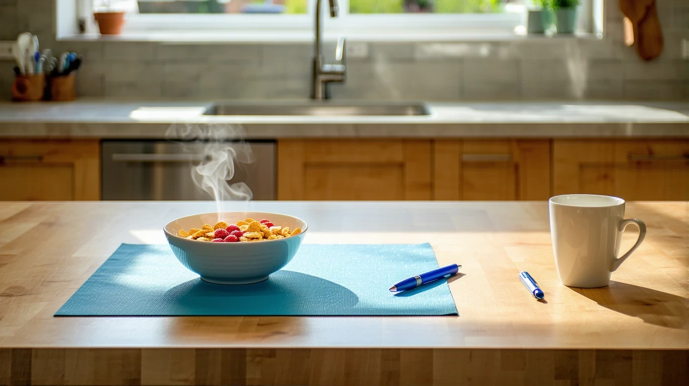 A kitchen table with a bowl of cereal, a check stub, a pen, and a coffee mug on a blue placemat.