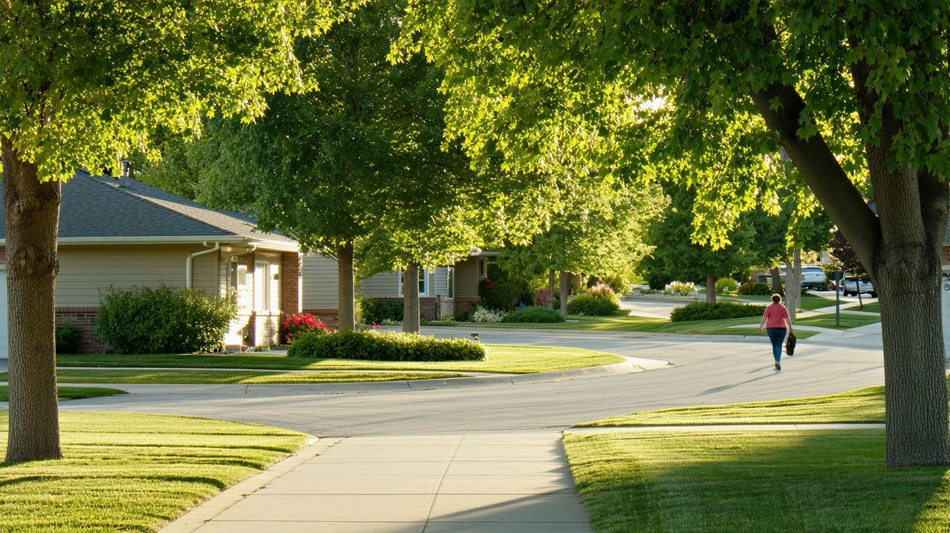 A tree-lined sidewalk curving through a neighborhood with houses visible.
