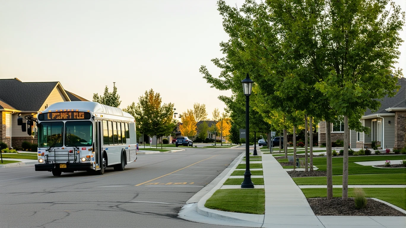 Campus shuttle stop with idling bus on a tree-lined street in South Jordan, Utah.