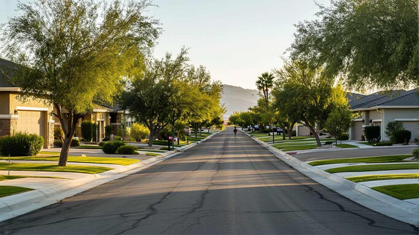 A tree-lined street in a South Jordan neighborhood with reflections in puddles and a jogger in the distance on a warm spring afternoon.