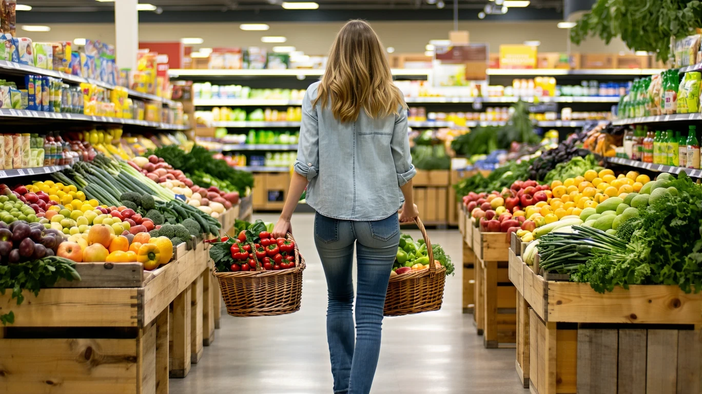 A woman shopping for fresh produce in a grocery store aisle, comparing prices.