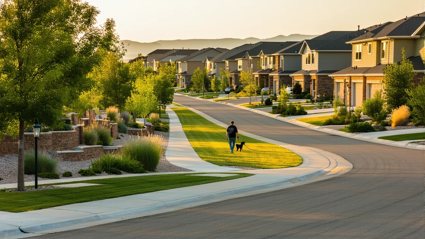 Quiet suburban cul-de-sac in early morning light, with native landscaping and a person walking a dog.