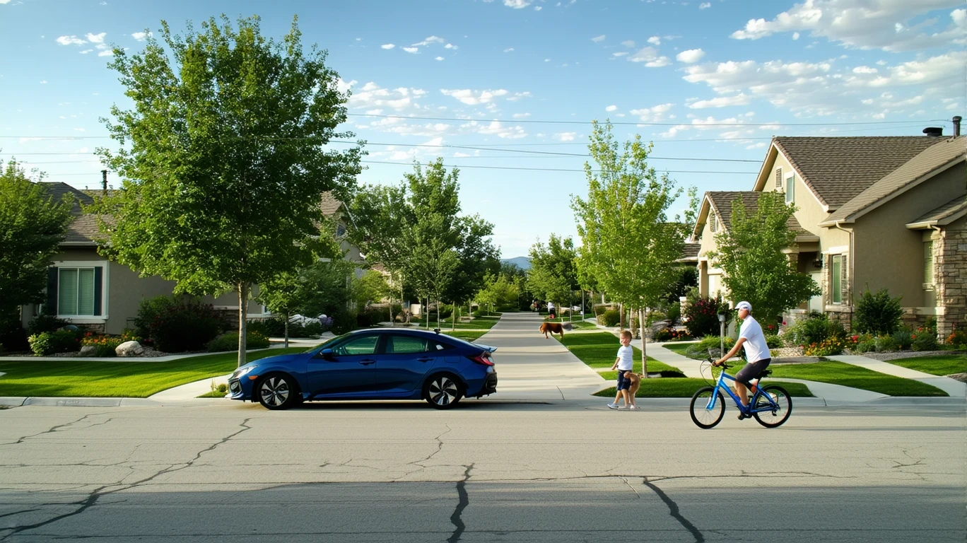 A tree-lined residential street corner in South Jordan, Utah with an older parked car and a man walking his dog on the sidewalk.