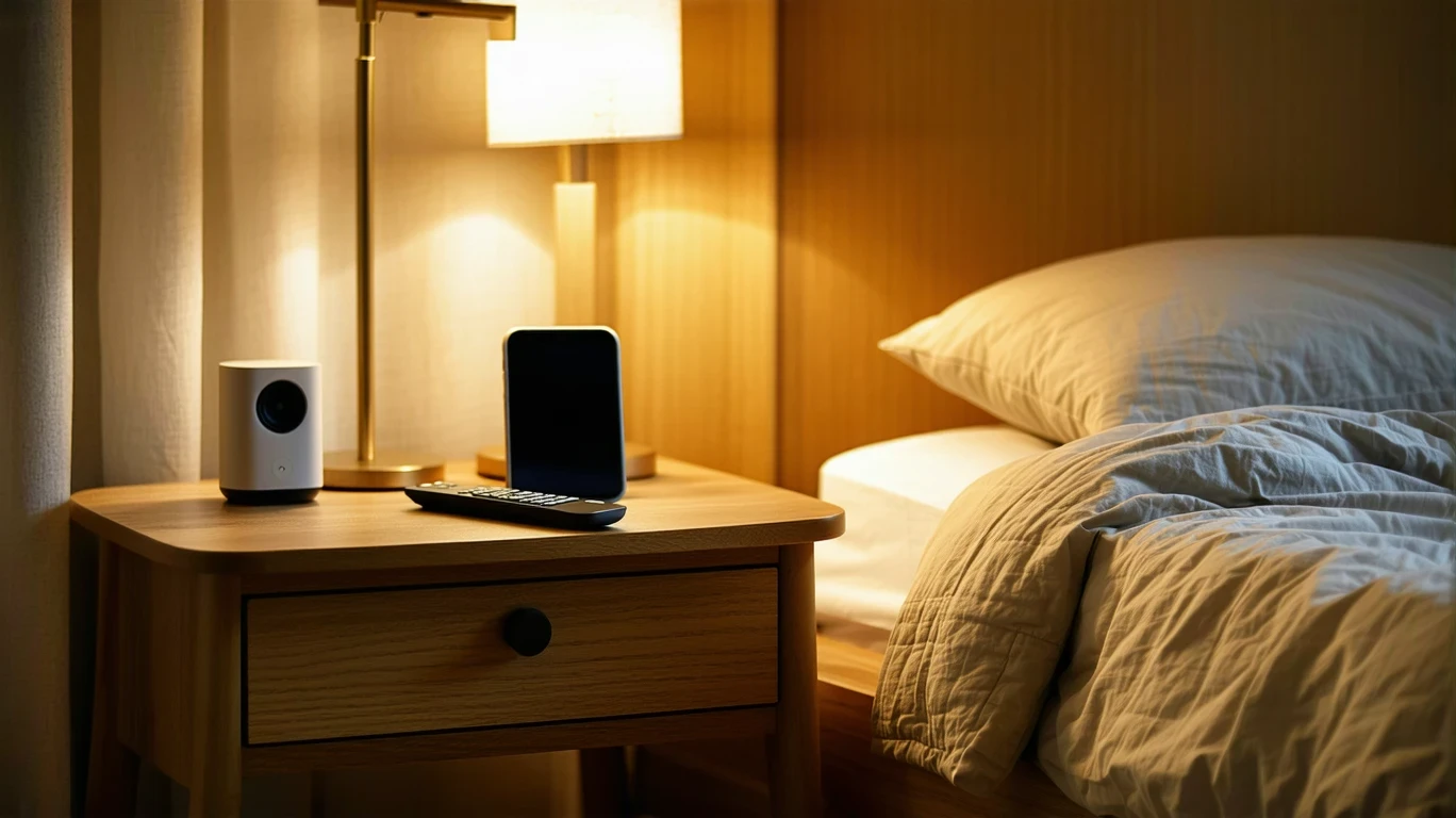 A bedroom nightstand with a remote, phone, and smart speaker under a warm reading light.