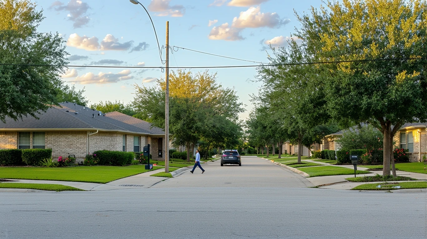 A residential street corner in Spring, Texas with modest homes, mature trees, and a parked car.