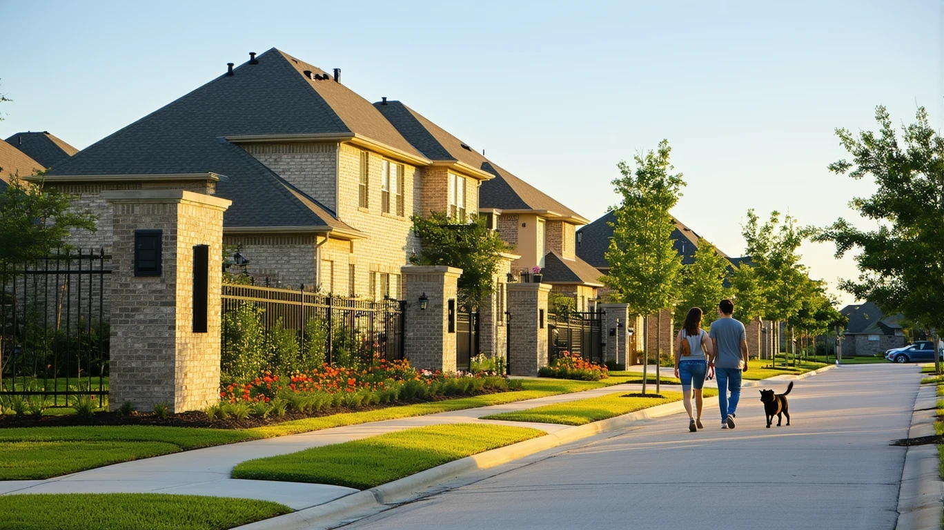 The entrance to a cul-de-sac in Pearland, Texas with two-story homes, landscaping, and a couple walking.