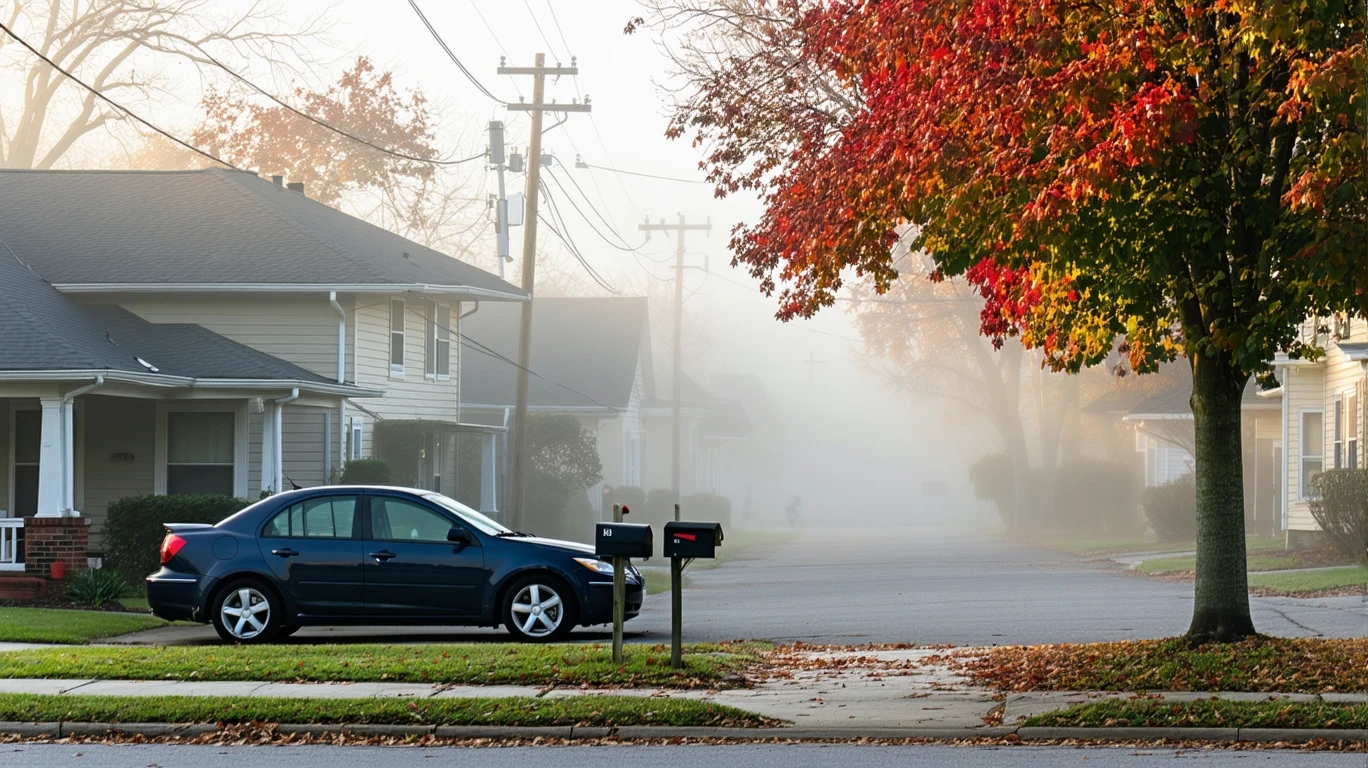 Foggy morning street in suburban neighborhood with homes and colorful maple tree