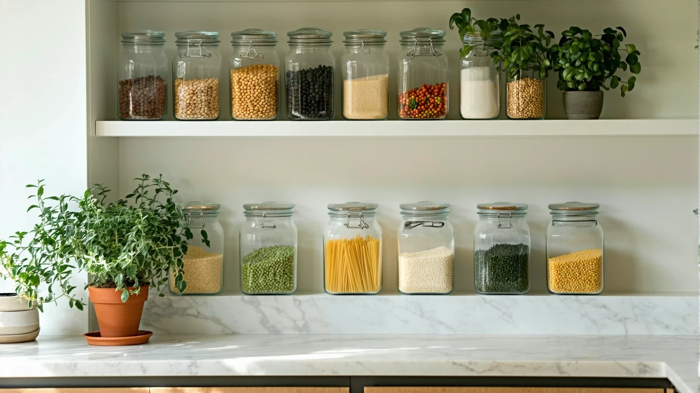 Pantry shelf with jars of beans, pasta and rice in a bright kitchen.