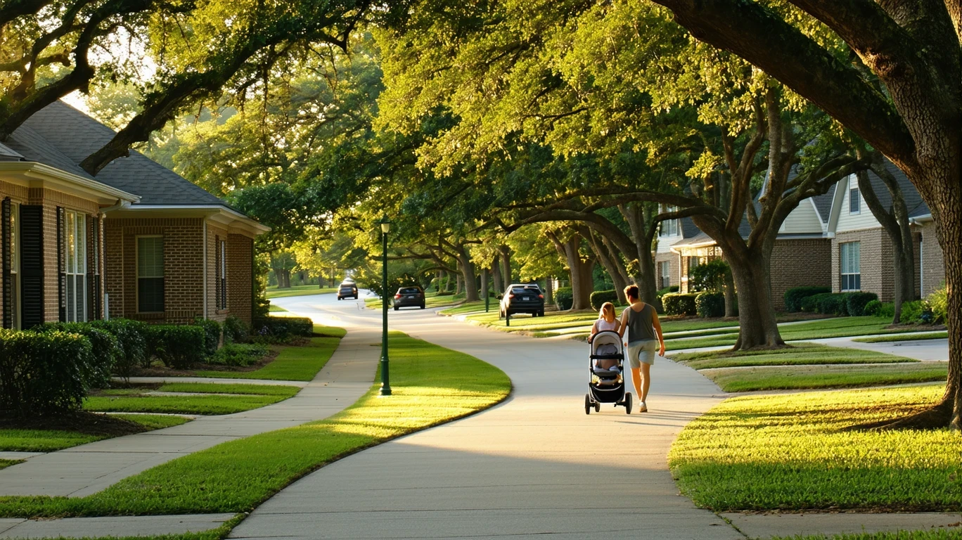 Sidewalk curving under oak trees in a quiet suburban neighborhood, a couple with a baby stroller walking.