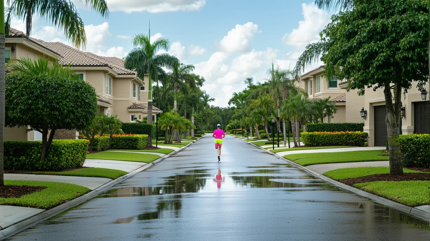 Palm-lined street with puddles after rain, stucco houses, and a jogger on the sidewalk.