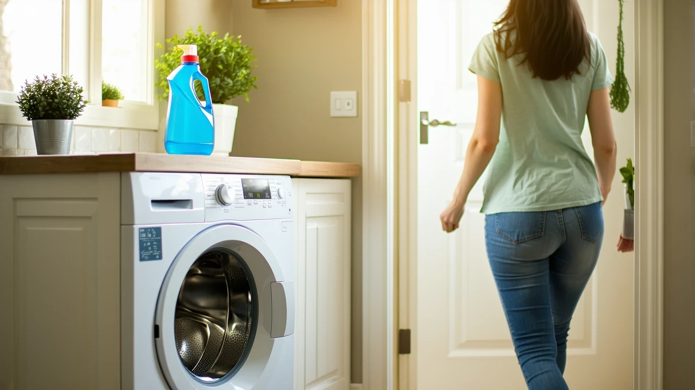 A top-loading washing machine in a tidy laundry room, with an open lid showing clothes mid-wash cycle and a detergent bottle on a nearby shelf.