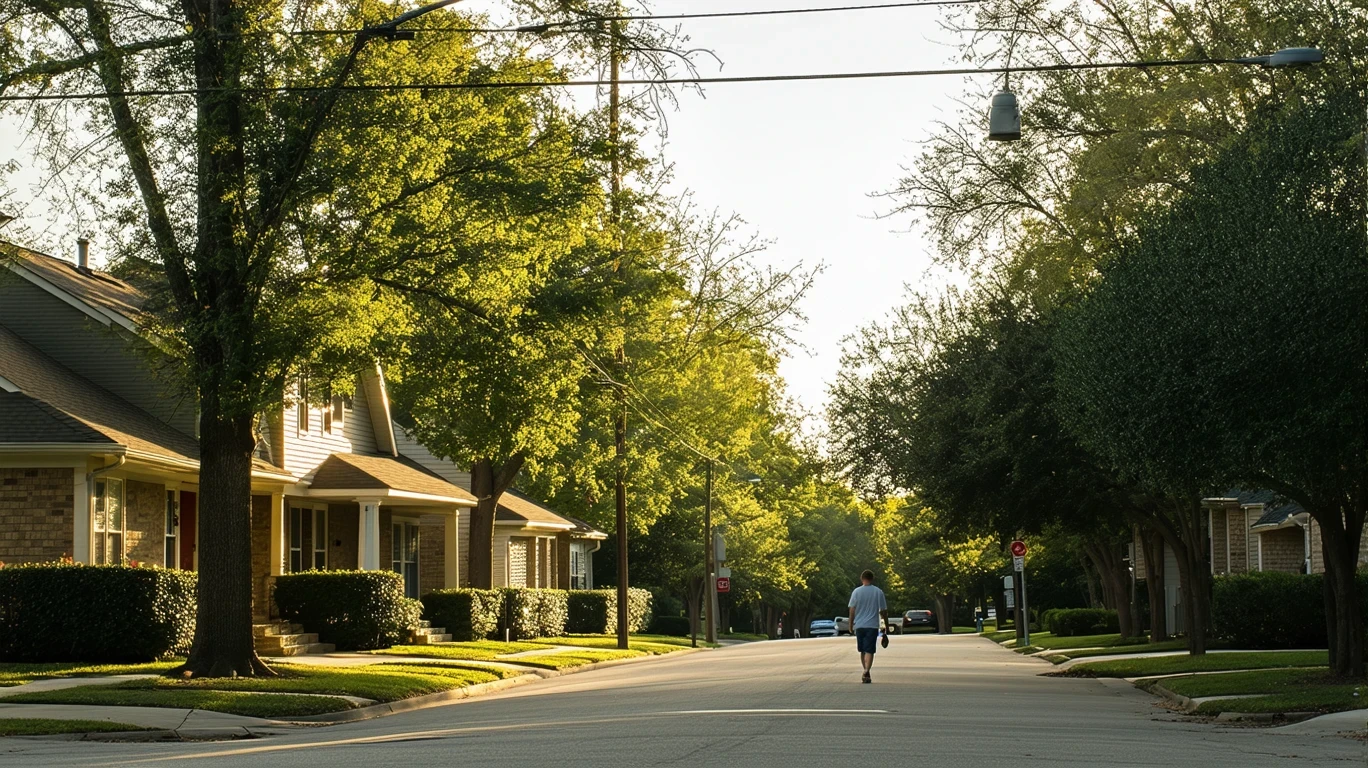 A sunlit residential street in Spring, Texas lined with maple trees and tidy homes.