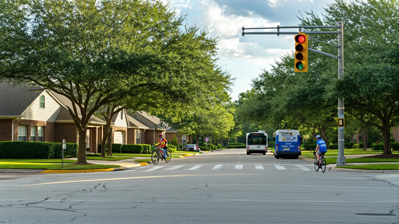 A city bus approaching a crosswalk where a cyclist waits, in a pleasant suburban neighborhood.