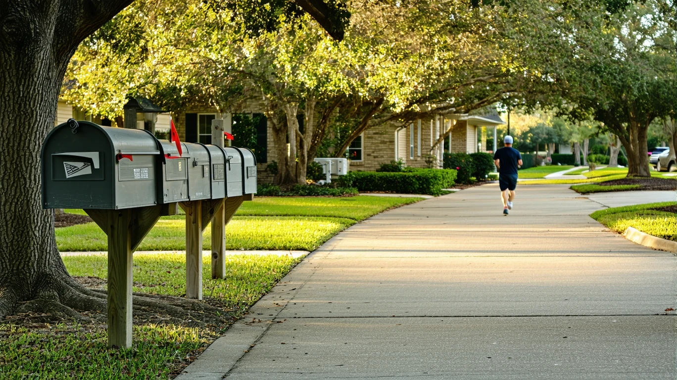 A curved sidewalk with gray mailboxes in a tidy suburban neighborhood on a sunny day.