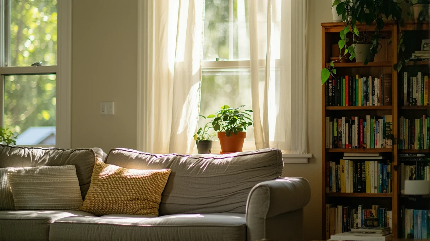 A sunlit living room with a couch and bookshelf in a Spring, Texas home.