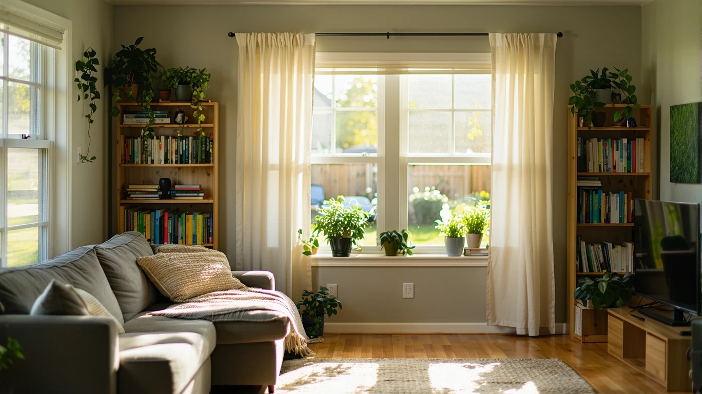 Sunlight filters into a cozy living room with a couch and bookshelf in a suburban home.