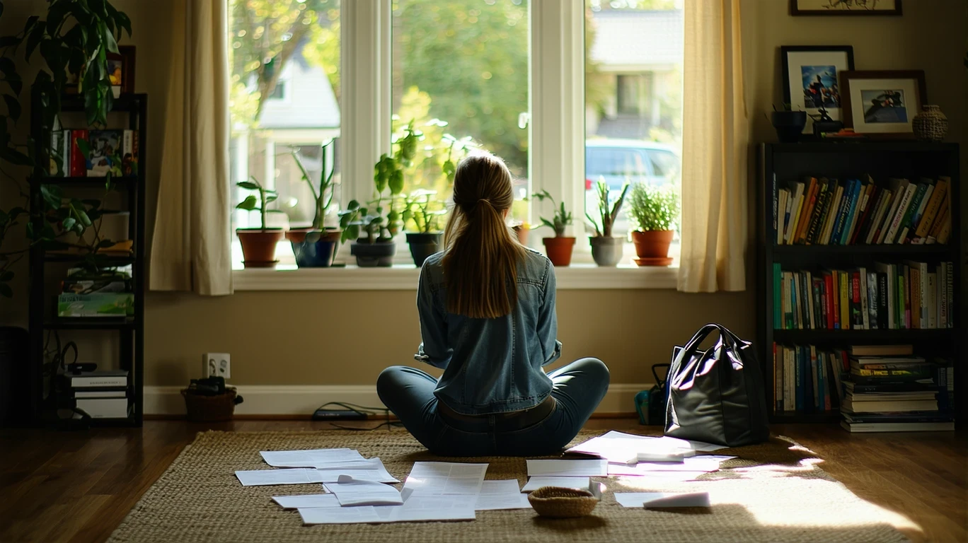 Woman sitting on rug in living room working on monthly budget with receipts and pencil.