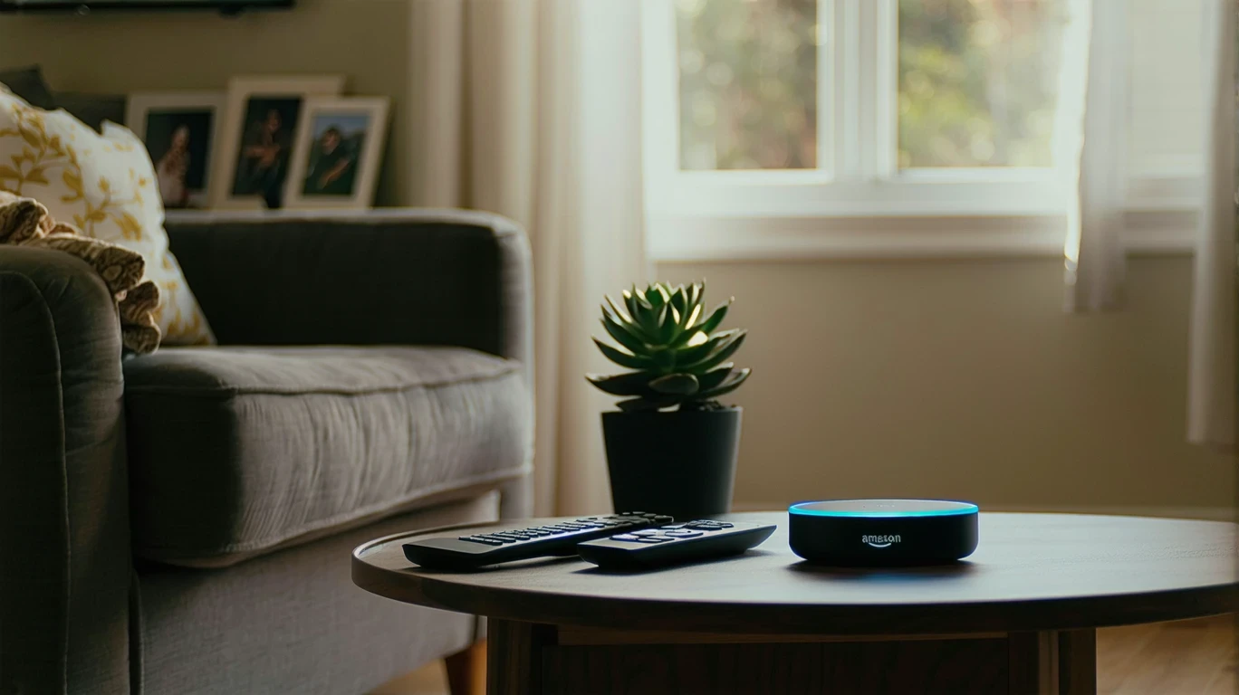 A living room end table with streaming remotes and a smart speaker, illuminated by warm lamplight.