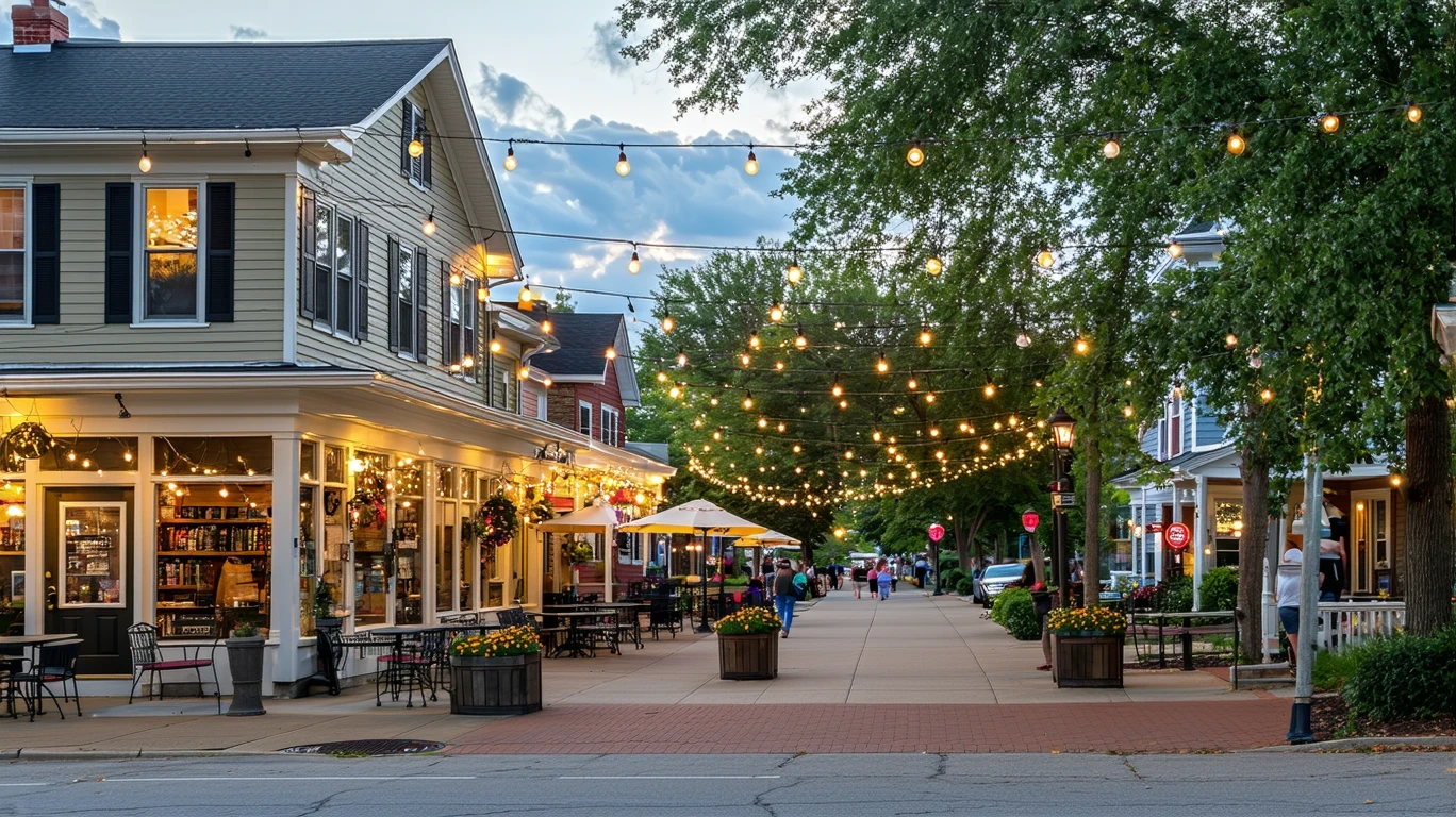 A quaint street in St Matthews, Kentucky at dusk, with small shops and patio seating beside a residential neighborhood.
