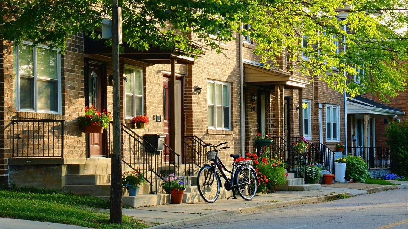 Apartment building with potted plants and bicycles in St Matthews, Kentucky