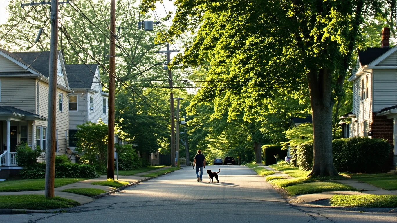 Sunlight shining through maple trees on a residential street in St Matthews, Kentucky, with houses and a person walking a dog.