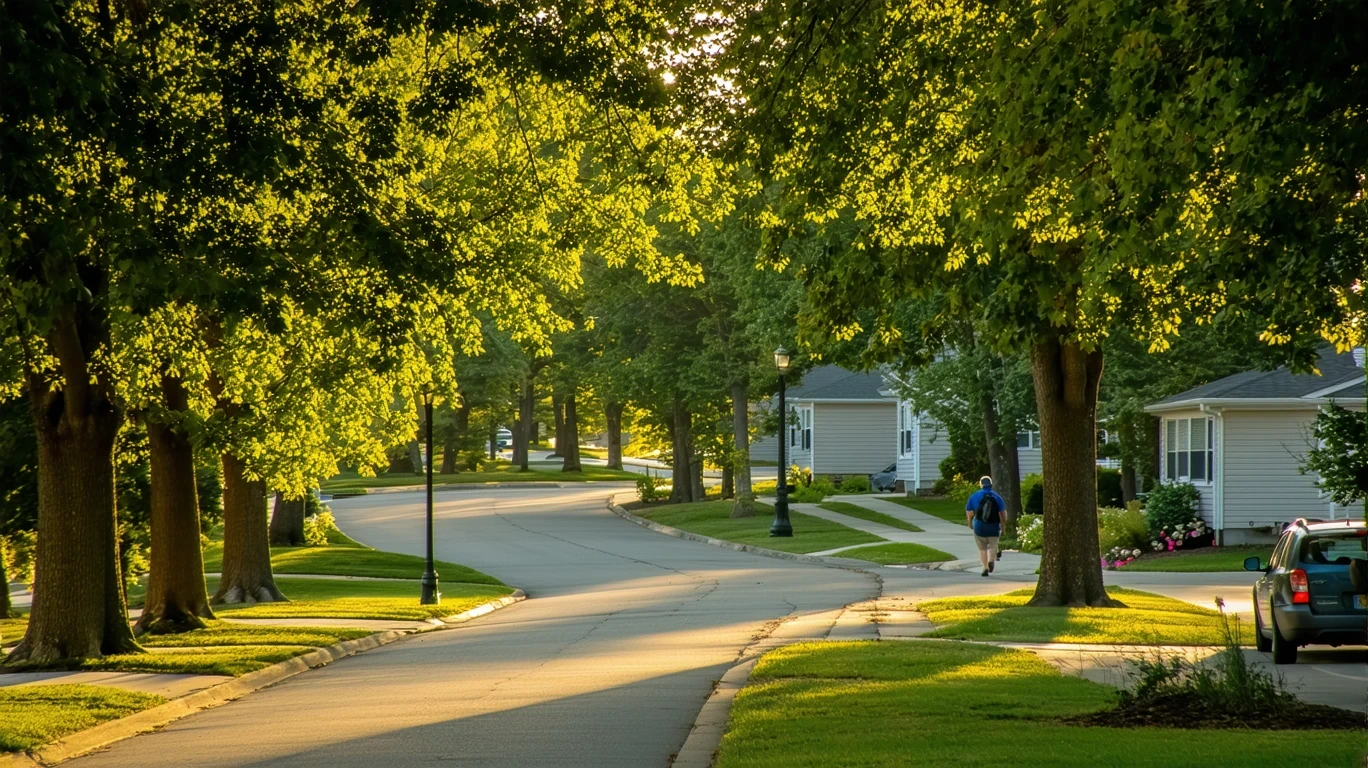 A tree-lined suburban street with a winding sidewalk and glimpses of homes through the foliage.