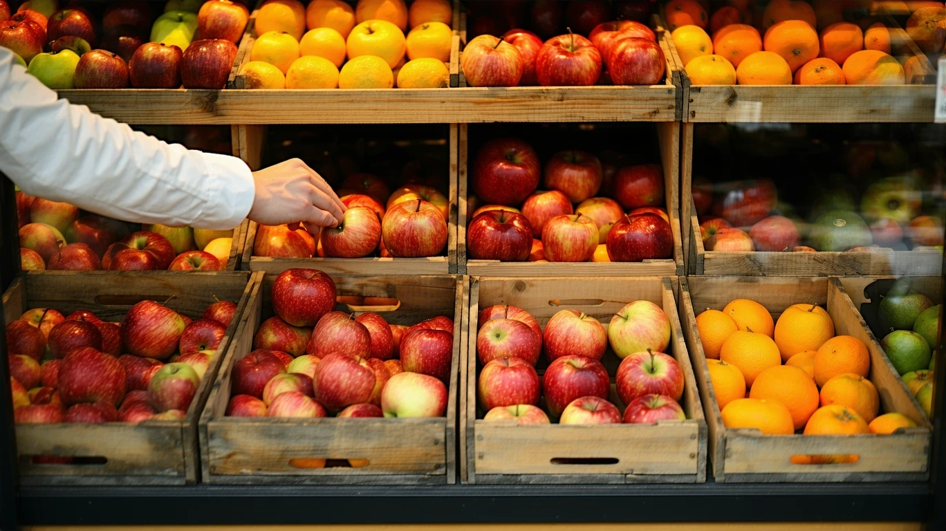 A hand selecting an apple from a grocery store produce display.