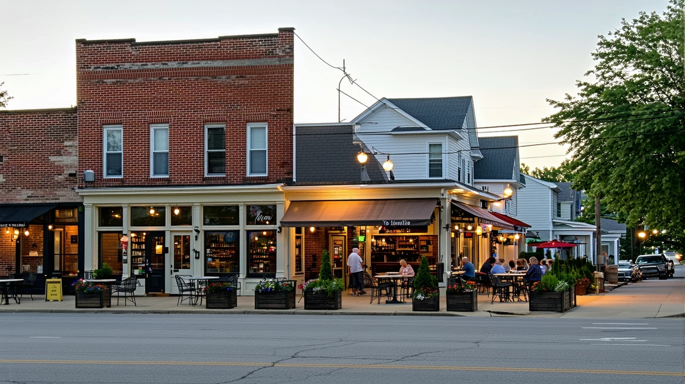 A quiet street in St Matthews, Kentucky lined with small local shops and neighborhood homes at dusk.