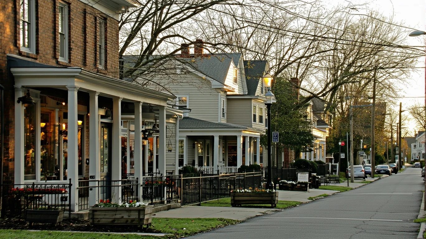 A quiet street in St Matthews, Kentucky, with small local shops next to a residential neighborhood at dusk.