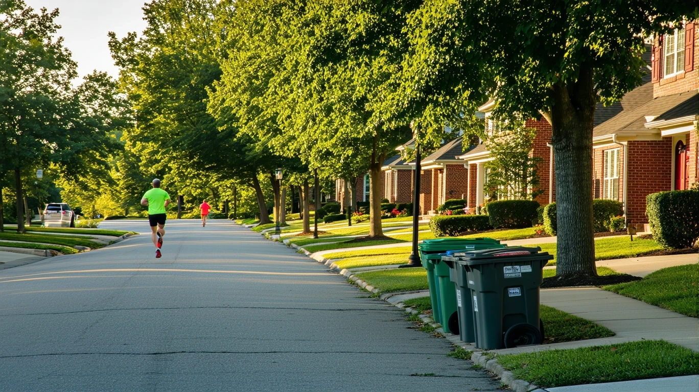 A suburban street lined with red-brick homes, trash bins at the curb, and a jogger passing by on a clear morning.