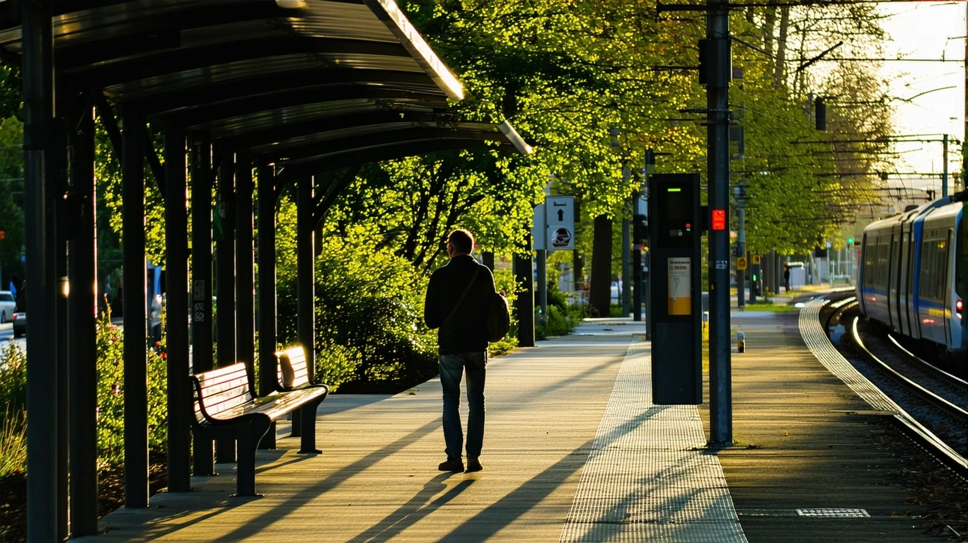 A commuter stands alone on a suburban light rail platform at sunrise, holding a coffee.