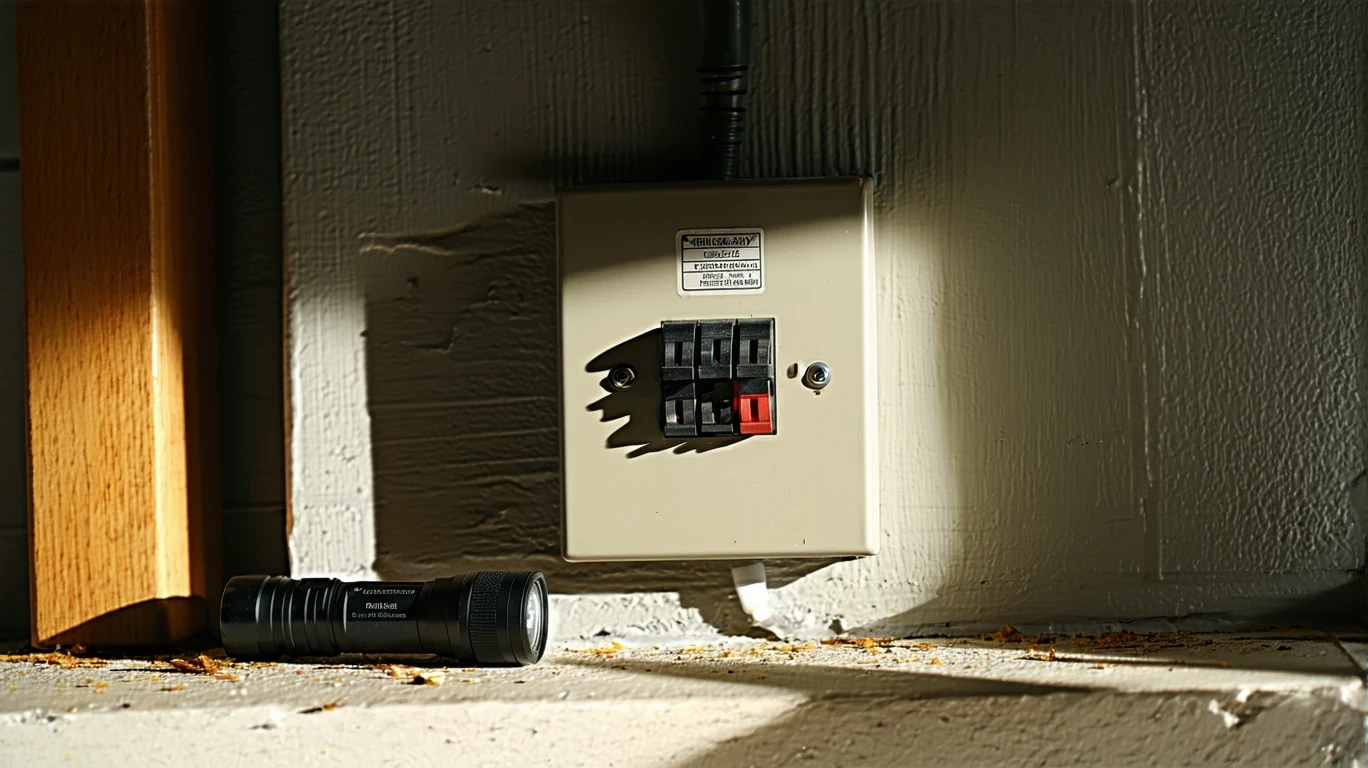 A household fuse box with labeled switches, illuminated by a flashlight on a ledge in a basement.