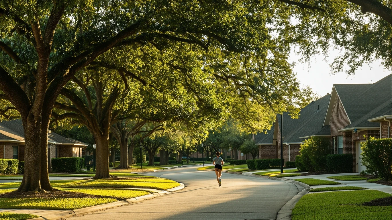 A tree-lined suburban street in The Colony, Texas with rooftops visible through the foliage.