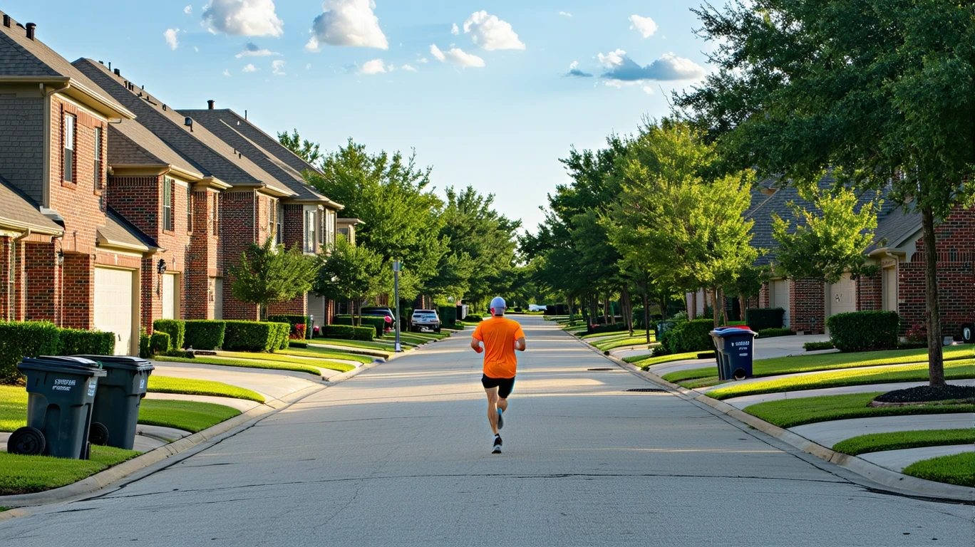 A jogger runs past a row of red-brick homes with trash bins out on a sunny suburban street.