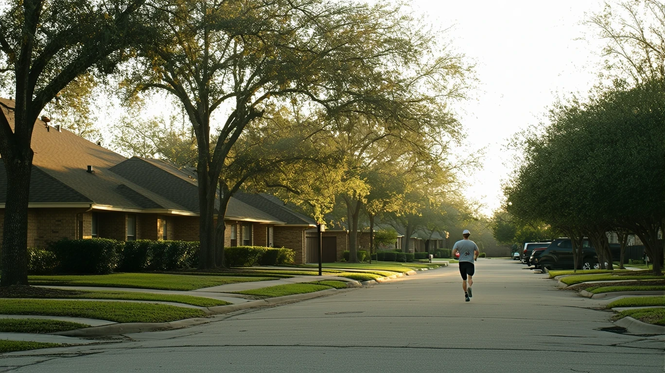 A tree-lined residential street in The Colony, TX with one-story homes and a jogger on the sidewalk, lit by early morning sunlight.