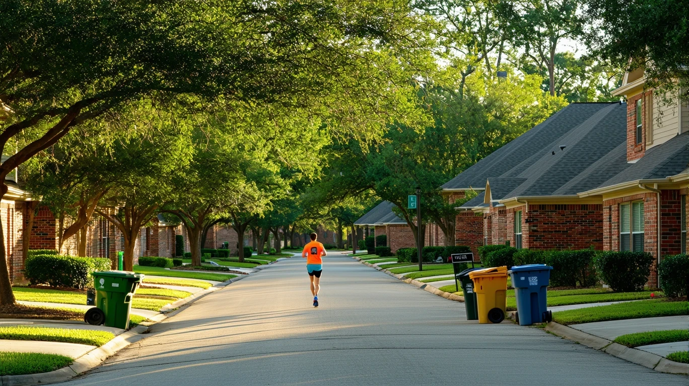 A jogger running past red-brick homes on a tree-lined street in the morning, with trash bins out for pickup.