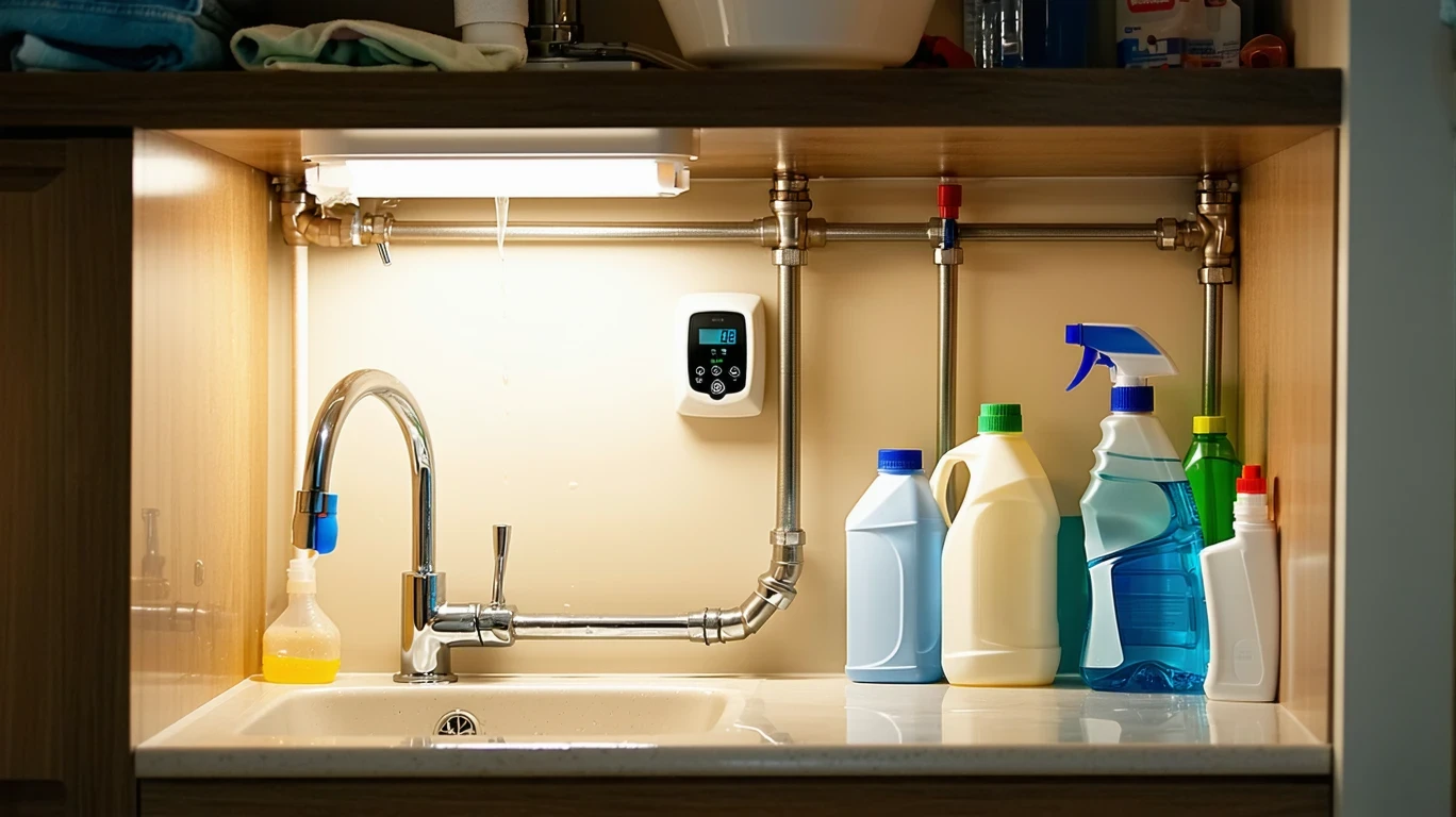 An under-sink cabinet with a water meter, PVC pipes, and cleaning supplies.