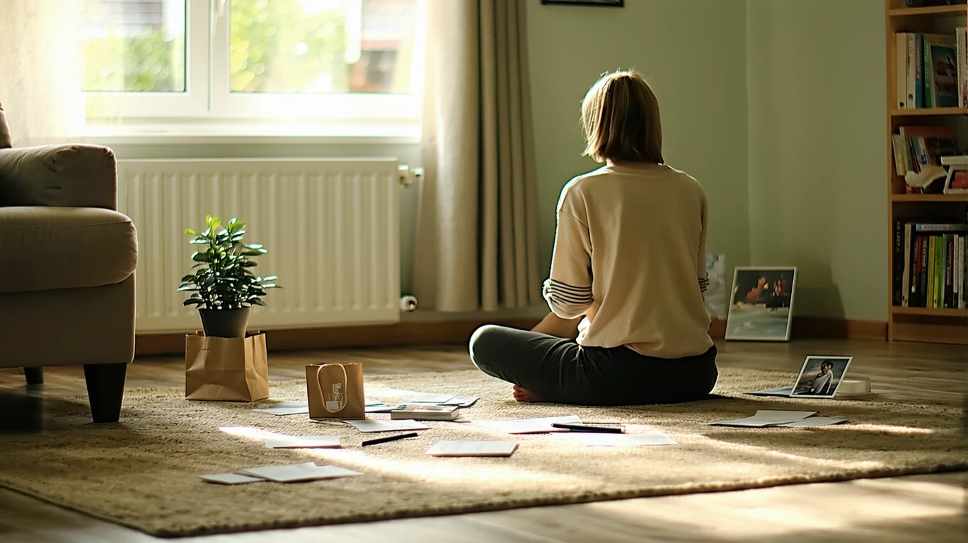 Person sitting on rug looking at receipts and budget items in morning light